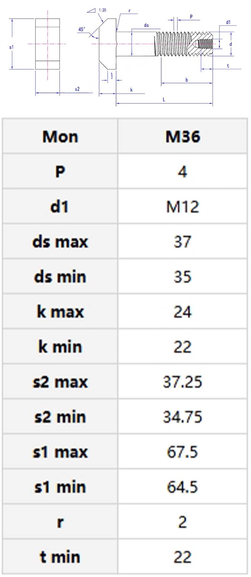 T head fastening bolt parameter
